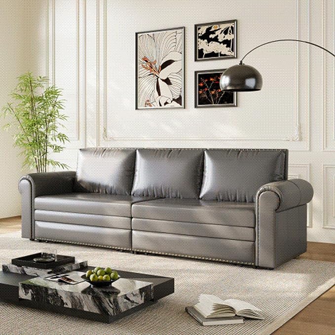 93.7 Faux Leather Convertible Sleeper Sofa 3 in 1 King Size Pull Out Sofa Bed Loveseat Couch for Living Room Bedroom Grey
