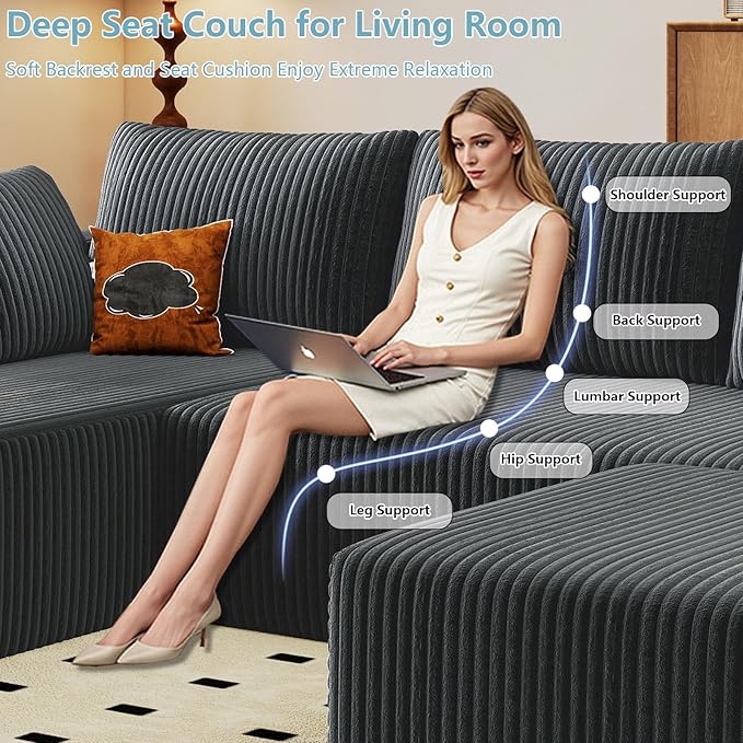 96 W Cloud Sectional Couch with OttomanModern U-Shaped Cloud Couch with Deep SeatComfy Corduroy 3-Seater SofaMemory Foam Sofa for Living RoomNo Assembly (Dark GreyLeft-Facing Chaise)
