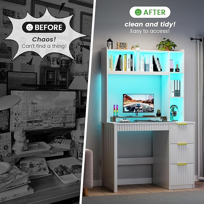 HNEBC Home Office Desk with Hutch and Drawers - 39 Standing Computer Desk with Charging Station&amp3 Color LightsHidden Compartment &amp Fluted Panel Design LED Writing Desk for Bedroom Study (W
