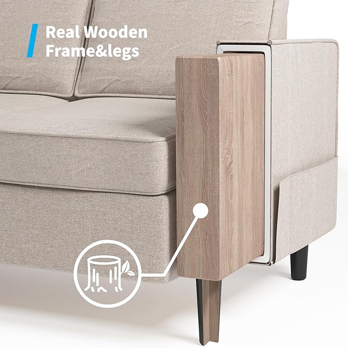 Mjkone Armchair Accent Chair with Storage Pockets Modern Single Sofa Chair for Living Room/Apartment/Small Spaces/Bedroom - Beige