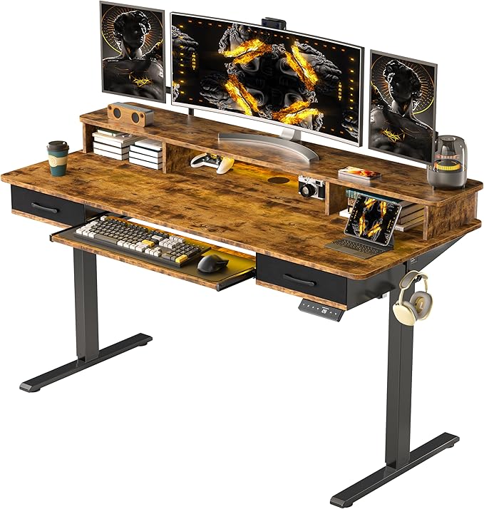 55x24 Inches Electric Standing Desk with Keyboard Tray Height Adjustable Stand up Desk with 2 Drawers Ergonomic Sit to Stand Desk with Storage Monitor Stand Computer Table Rustic Brown