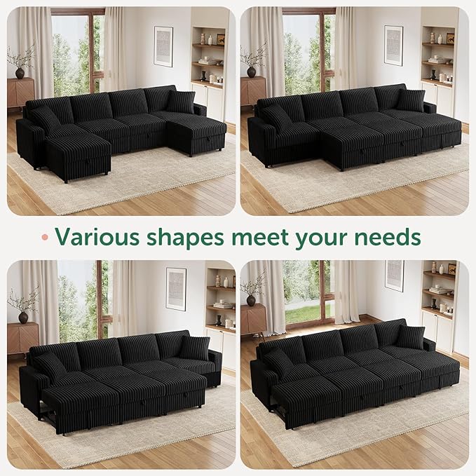 HONBAY 121.3 Inch Modular Sectional Sleeper Sofa with Pull Out Bed Convertible L &amp U Shaped Couch with Storage &amp Adjustable Backrest Velvet Black