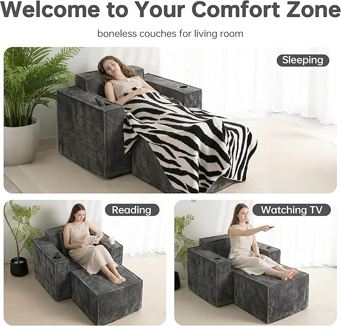 Cloud Single SofaComfy Lounge Chair with Elevated Seat Height Cup Holder &amp Side PocketNo Assembly Required Foam Couch for Small Space Bedroom Office Apartment (Grey with Ottoman)