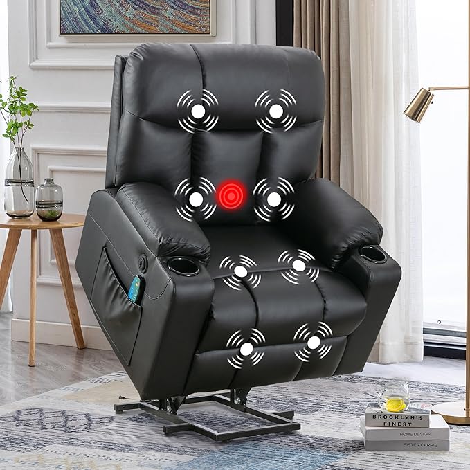Bonzy Home 26 Extra Wide Lift Chair with Heat and Massage Faux Leather Power Lift Recliner Massage Chair for Adults Elderly Upholstered Recliner with 2 Cup Holders Side Pocket