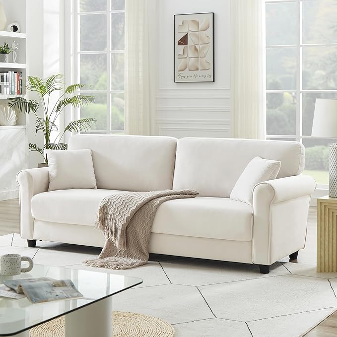 82.48 Velvet Upholstered Sofa Couch3 Seater Couch Loveseat Sofa Furniture Comfy Couches for Living Room Bedroom Small Space(Beige White)