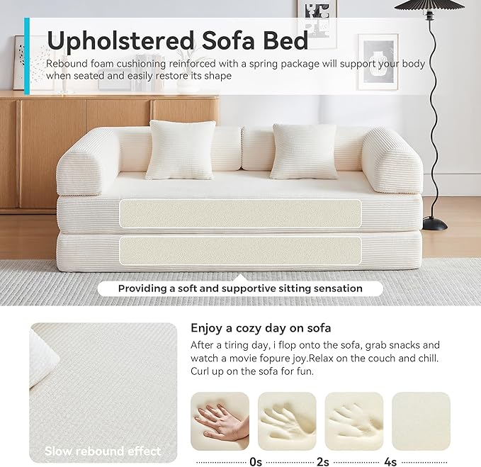Convertible Folding Mattress Couch 5-in-1 Futon Sofa with Armrests Sleeper Mattress Sofa Bed Comfy Fold Out Bed for Living Room Bedroom LoungeGuest Office (Beige White)