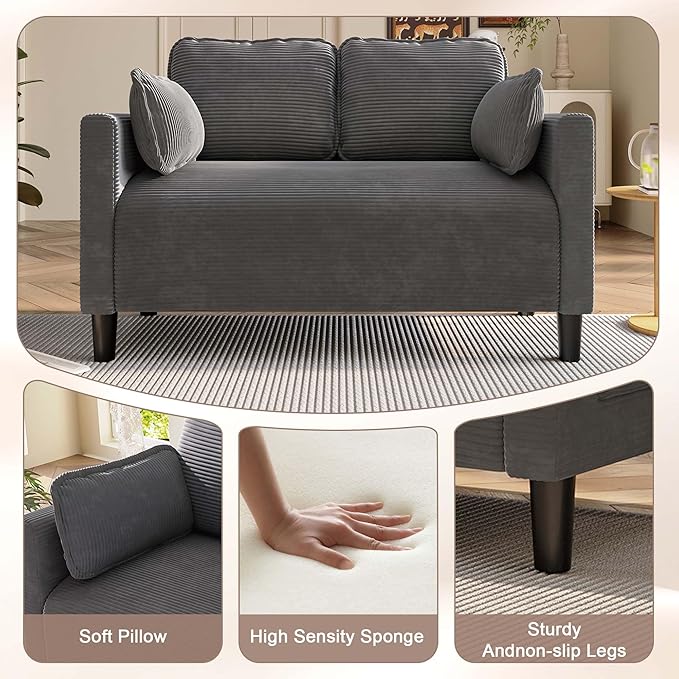 Beige Loveseats for Small Spaces 48 Inch Corduroy Couch with Side Pocket Modern 2 Seater Sofa Couch for Small Apartment Bedroom &amp Home Office High Rebound Sponge Easy Assembly (Grey 48”) | S