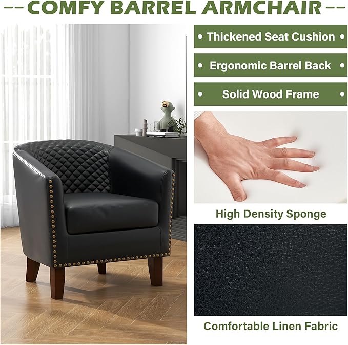 UIXE Faux Leather Barrel Accent Chairs Set of 2 Modern Club Upholstered Arm Chair Comfy Armchair Nailed Trim Living Room Single Sofa Reading Seat Bedroom Side Sitting for Office Black