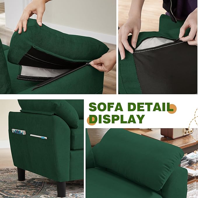 Convertible Sectional Sofa Set Modern L Shaped 3 Seat Sofa with Reversible Ottoman and Accent Chair Linen Sectional Couches for Living Room Green