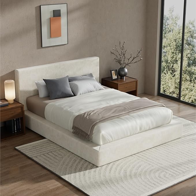 RECCI AirFrame Full Size Bed Frame with Headboard Cloud Upholstered Platform Bed Frame 5 Inch Foam Cushioned No Box Spring Easy Assembly(Beige Chenille)