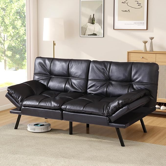 Opoiar Leather Futon Sofa Bed Convertible Memory Foam Foldable Couch Modern Sleeper Loveseat with Adjustable Armrests&ampBackrests for Small Spaces Office Studio Apartment Dorm Game Room