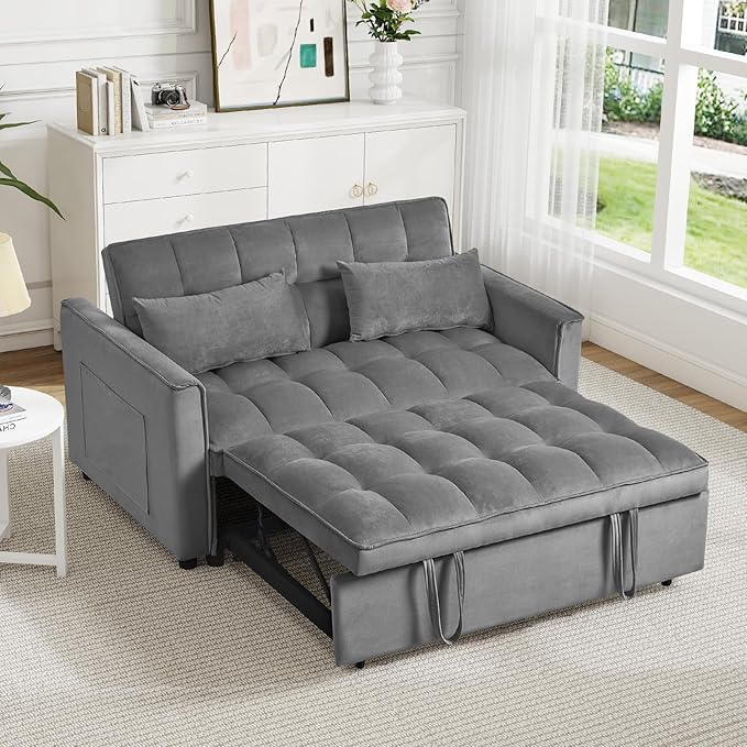 Rovibek 3 in 1 Sleeper Sofa Bed 53'' Pull Out Couch Convertible Futon Loveseat with Adjustable Backrest Velvet Sleeper Chaise Lounge Futon for Apartment Office Small Space Dark Grey