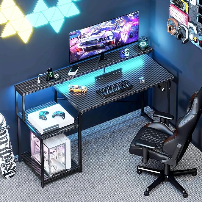 AODK Computer Desk 56 Inch Gaming Desk with Led Lights &amp Power Outlet Office Desk with Storage Shelves Reversible Desk with Monitor Shelf &amp Headphone Hook Carbon Fiber Black