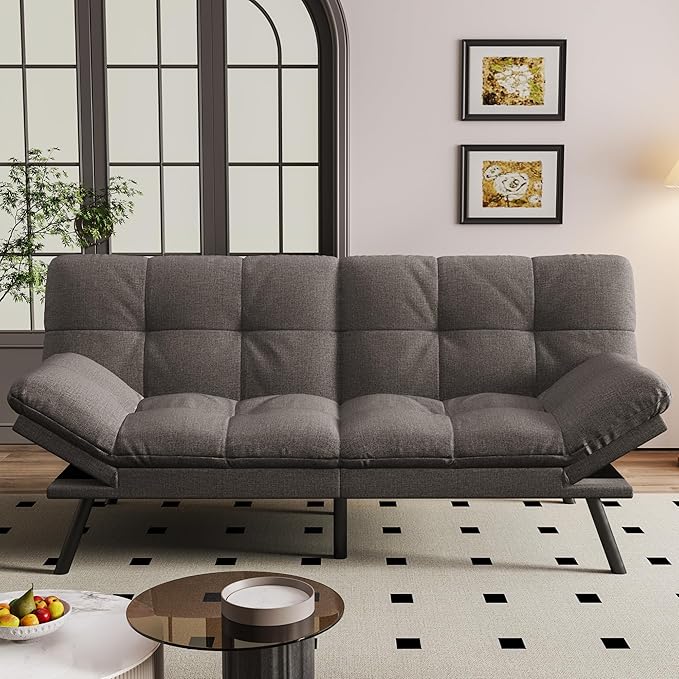 Vipbear 71 Convertible Futon Sofa BedGrey Linen Fabric Futon Couch with Detachable CushionAdjustable Backrest &amp ArmrestModern Loveseat Sleeper Recliner for Living RoomOfficeApartment