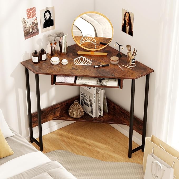 Tangkula Corner Desk with Keyboard Tray 90-Degree Triangle Corner Computer Desk for Small Space Industrial Writing Desk with Storage Shelf Space-Saving Laptop PC Desk (Rustic Brown)