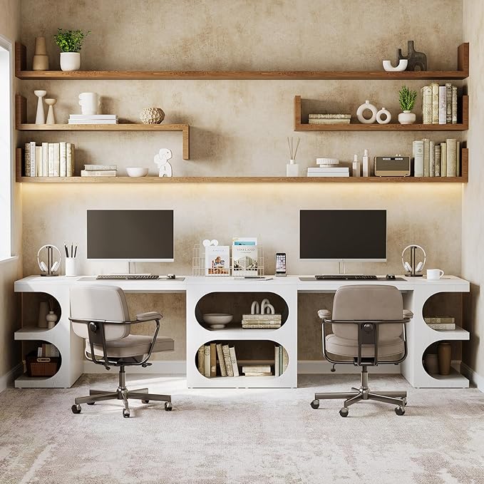 LITTLE TREE 62.2-Inch Executive Desk Modern Home Office Desks Office Table with Storage Shelves for Workspace Large Computer Desk Long Contemporary Writing Desk White