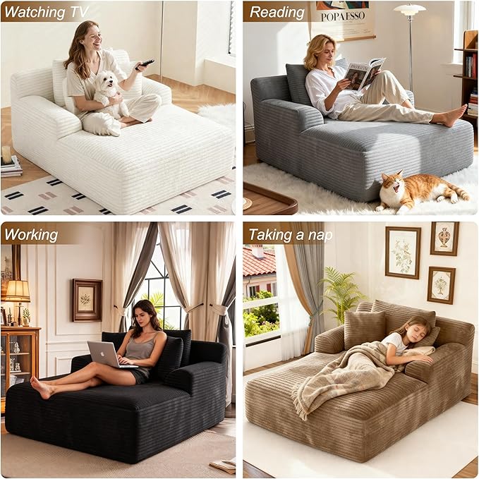 Avenix 66 Oversized Boneless Chaise Lounge Chair IndoorCorduroy Comfy Oversized Reading Chair Boneless Couch Bed ChairNo Assembly RequiredLight Grey