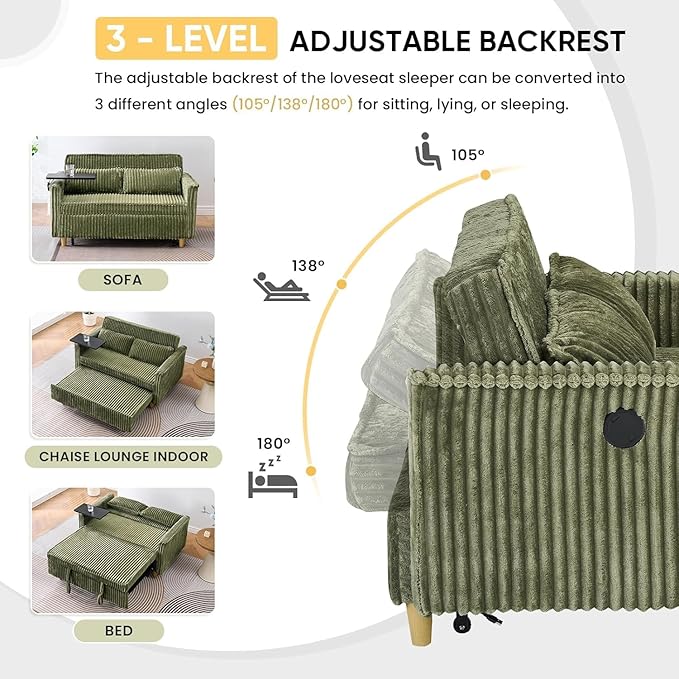 54'' Corduroy 3-in-1 Convertible Sofa Bed Pull Out Sleeper Loveseat Couch with USB Ports &amp Storage Pockets Futon Couches for Small Space Living Room Apartment (Green New)