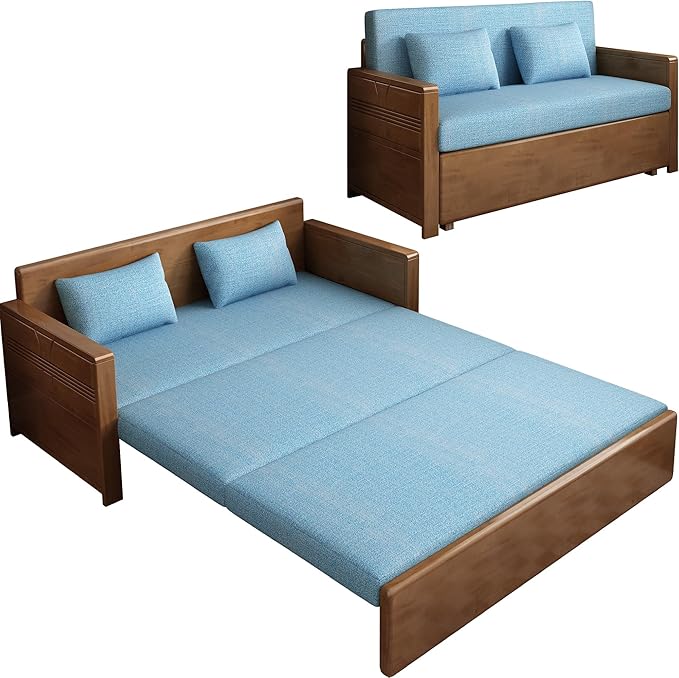 59 Convertible Sofa SleeperBlue Soft Cushion sectional Sleeper Couch with Reversible Chaisesolidwood Bed 3 in 1 Pull Out CouchWalnut Color Sofa for livingroomApartmentBedroomOffice