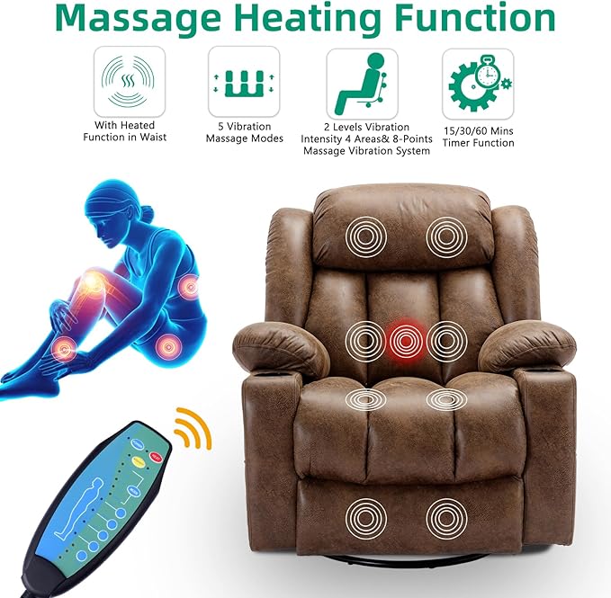 VIVIJASON Swivel Rocker Recliner Chair with Heat &amp Vibration Manual 360° Swivel Glider Overstuffed Reclining Chair with 2 Cup Holders Side Pockets &amp USB Ports for Living Room Brown