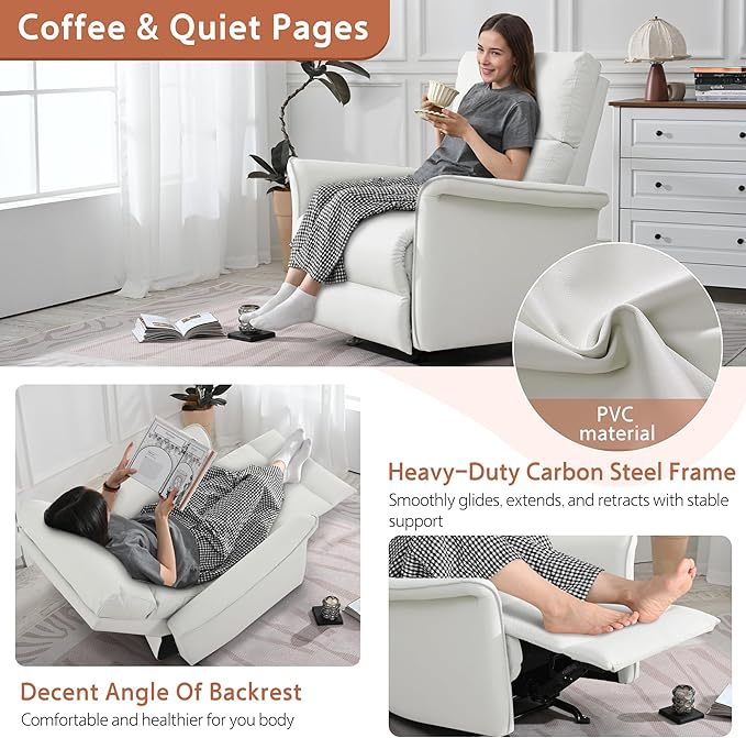 Manual Rocker Recliner Chair with Glider Motion for Nursery 150° Recline &amp Wide Armrests - Overstuffed Leather Nursery Chair for Small Spaces Living Room Bedroom