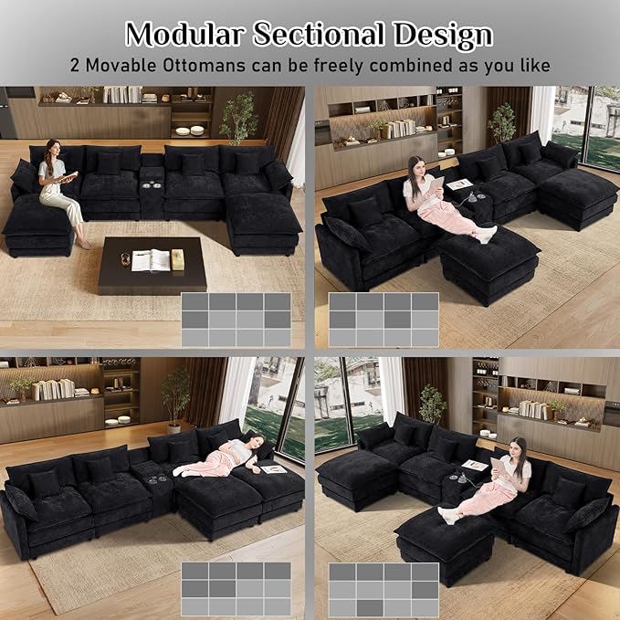 164 Oversized Modular Sectional Sofa Modern U Shaped Cloud Couch 6 Seat Sofa Set for Living Room Comfy Chenille Deep Seat with Storage Central Console Movable Ottomans Cup Holders USB Ports Black