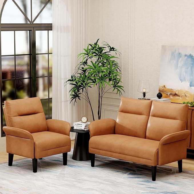 Yongchuang 2 Piece Sofa Sets for Living Room Brown Faux Leather Loveseat Sofa Couch and Accent Chair Modern Small Couch and Armchair Set