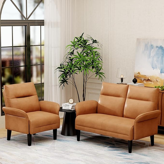 Yongchuang 2 Piece Sofa Sets for Living Room Brown Faux Leather Loveseat Sofa Couch and Accent Chair Modern Small Couch and Armchair Set