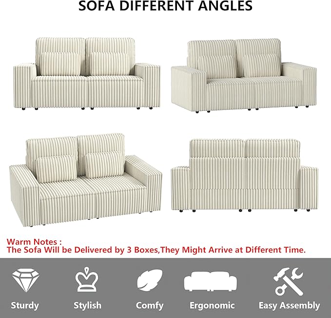 mikibama Modern Corduroy Loveseat 2 Seat Sofa CouchModular Sectional 2 Seater Sofas with PillowsDeep Love Seat Couches with Wide Square Arms for Living Room (Off White Loveseat)