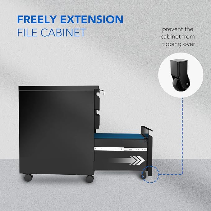 FLEXISPOT 3-Drawer Mobile File Cabinet for Home Office - Under Desk Storage Locking Keys Organizer for Legal/Letter/A4 Files Black