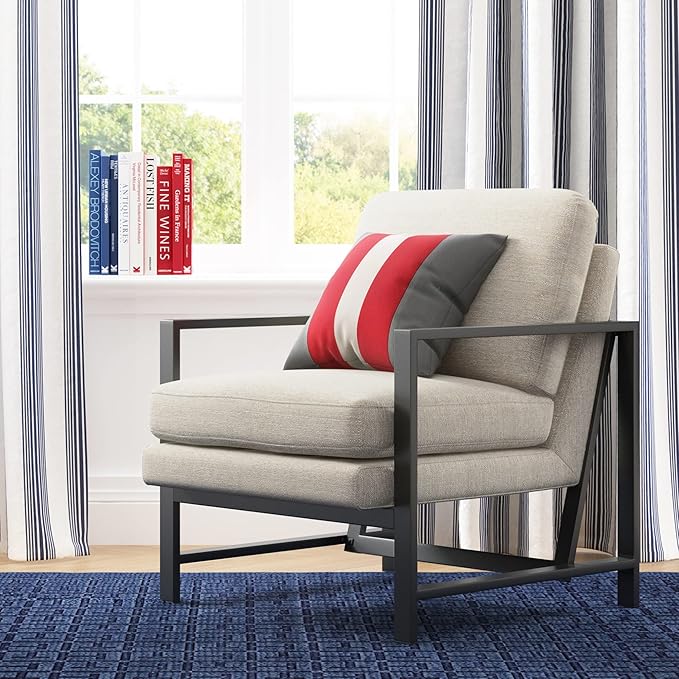 Tommy Hilfiger Russell AccentChair Medium-Soft Pillow Back Mid-Century Modern &amp Industrial Armchair Comfortable LoungeChair for Living Room Bedroom or Office Gray Square Metal Frame in Linen