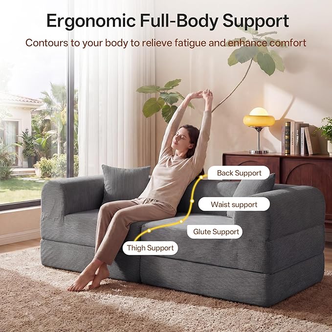 74.8’’ Boneless Modular Convertible Sofa Bed Fold-Out Floor Couch Loveseat All-Foam Futon Mattress Couch Corduroy Sleeper Sofa for Living Room &amp Small Spaces No Assembly Required Gray