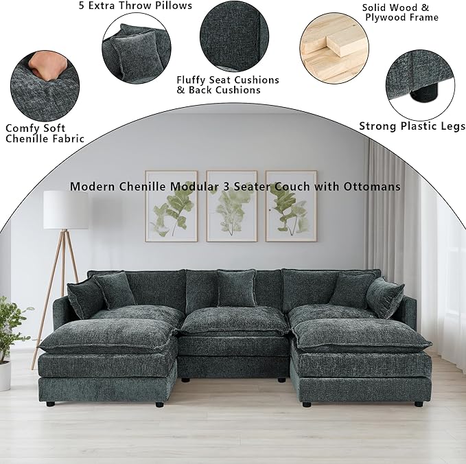 Setawix Deep 3 Seater Couch with Ottomans112.2 U-Shaped Cloud Couches for Living RoomChenille Cloud Sofa Couch with Deep SeatModular Sectional U Shape 3 Seat Sofa for Bedroom (Grey 3+2)