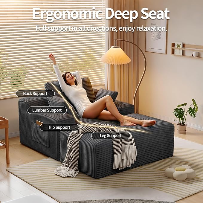 MoonSpeak 67 Boneless Reading Chair with Lounges Chaise Indoor Corduroy Cloud Couch with 1 Ottoman Upholstered Sleeper Sofa Bed with Wide Armrest and 3 Pillows for Living RoomReading Room (Gray)