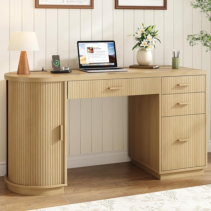 ONBRILL 58 Inch Fluted Executive Desk Computer Desk with Storage Drawers &amp File Drawer Modern Home Office Desk with Charging Station for Working Studying Writing Oak