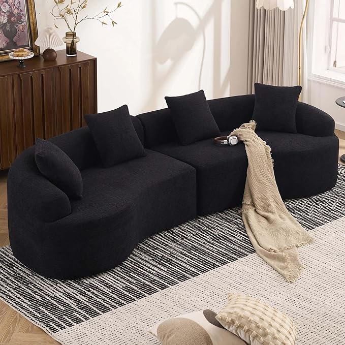 110 Black Curved Boneless Couch with Cushions Modern Cloud Sofa for Living RoomChenille Sectional Minimalist Deep Seat Luxurious No Assembly