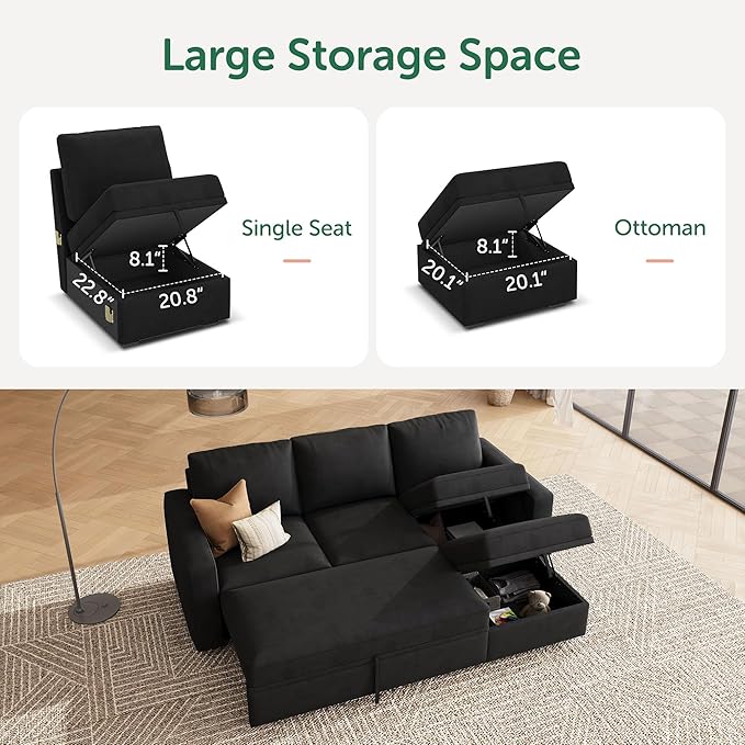 HONBAY Modular Sectional Sleeper Sofa with Pull Out Bed L Shaped Couch with Storage Seat Modular Sectional Couches for Living Room - Black
