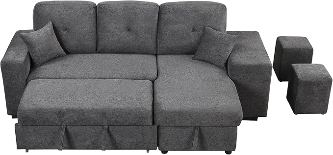 Reversible Sleeper Sectional Sofa with Side Shelf and 2 Stools Pull-Out L-Shaped Sofa Bed with Storage Chaise Left/Right Hande Corner Sofa-Bed for Living Room (Black+Blue + Velvet + Foam-01)