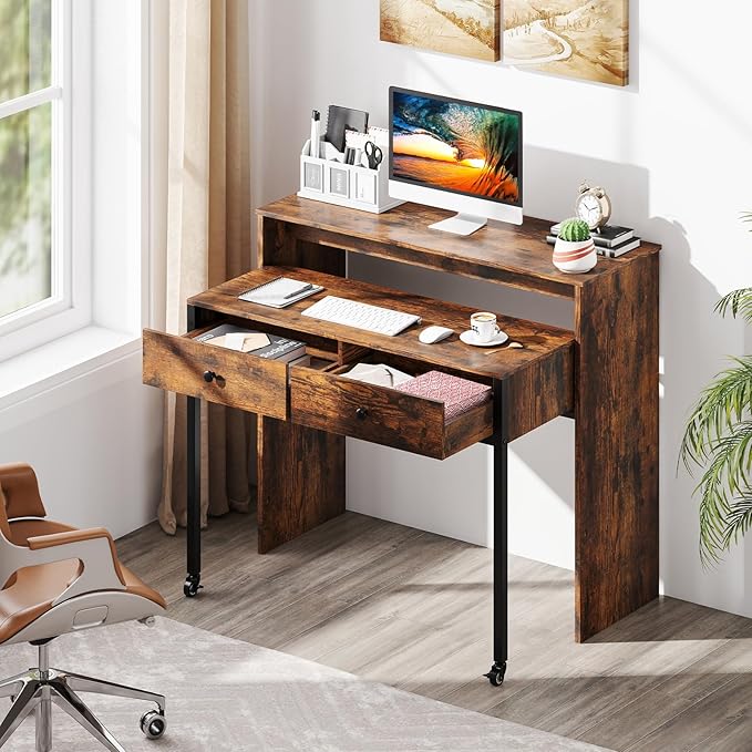Giantex Small Computer Desk with Hutch &amp Drawers Extendable Writing Desk w/Pull Out Secondary Table Monitor Stand &amp Rolling Wheels Console Table Compact Desk for Small Spaces (Rustic Brown