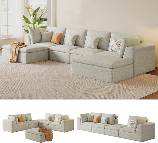 138 Modular Sectional Sofa with Deep SeatOversized U-Shaped Cloud Couch for Living Room 4-Seater with 2 Ottomans Boneless Memory Foam Teddy Fleece SofaNo Tools Assembly Required(Beige2 Ottomans)
