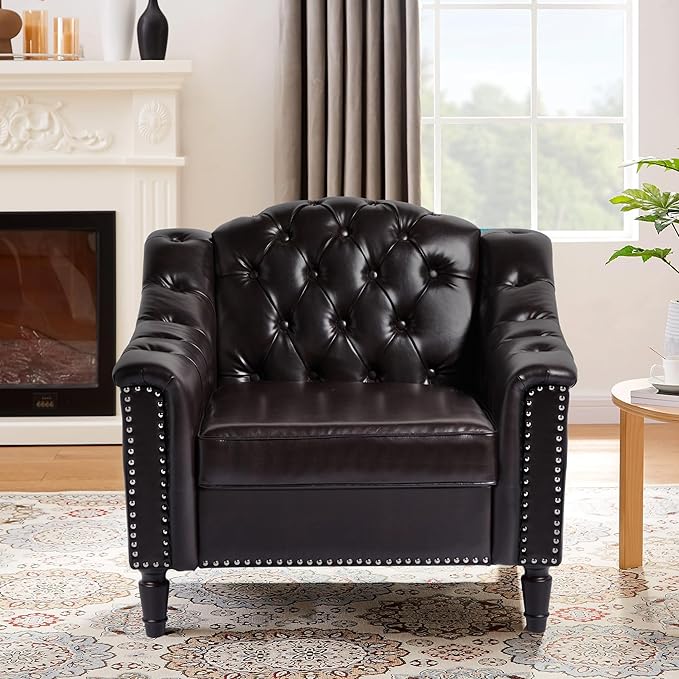 AVZEAR Chesterfield Sofa Chair Mid-Century Modern Armchair PU Fabric Single Sofa Chair with Nailhead Trim and Button Tufted for Living Room Office Bedroom Brown