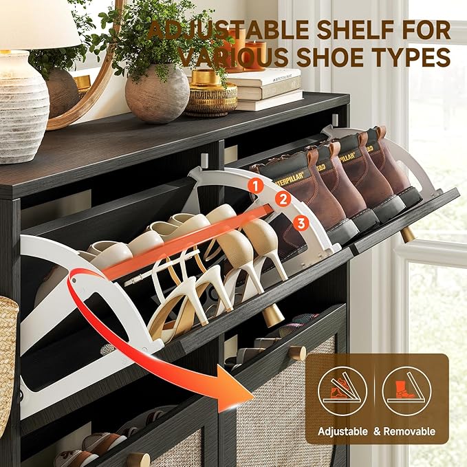 Nicetree Freestanding Arched Rattan Accent Ultra Slim Shoe Cabinet for Entryway - 4 Flip Drawers &amp 3-Tier Adjustable Shelves Farmhouse Modern Rustic Shoe Rack for Hallway Foyer Living RoomBlack