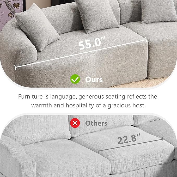 110'' Modern Curved Sofa Sectional Arc 4-Seater Foam Couch Compressed in-a-Box Boneless Cloud Couch with Extra-Deep-Wide Seats in Comfortable Chenille No Assembly Pearl Grey