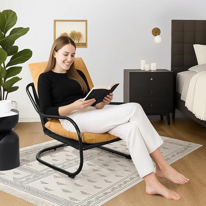 Peace nest Modern Accent Chair Comfy Living Room Suspended Chair Bedroom Armchair with Mental Frame Comfortable Upholstered Cushion for Balcony Lounge Reading Meeting Room Yellow