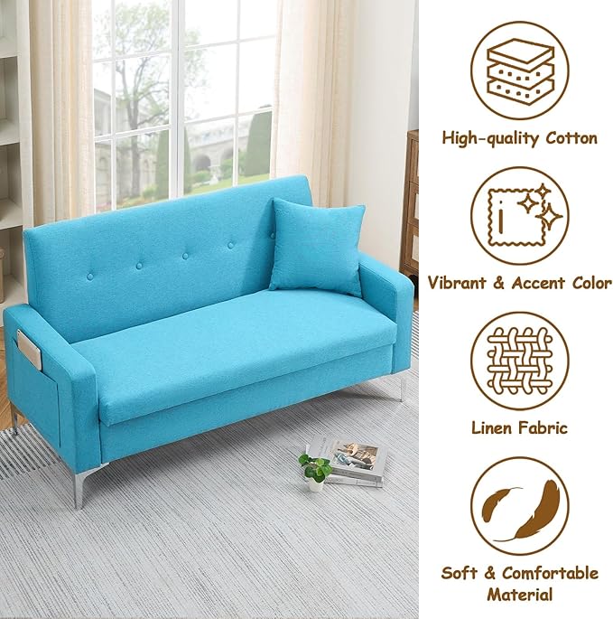 57 Green Loveseat Sofa with Storage Modern Love Seat Couches with Comfy Pillow &amp Side Pocket/Metal Legs Cozy Small Sofas for Small Spaces Living Room Bedroom Office Dorm (Blue) (Blue)