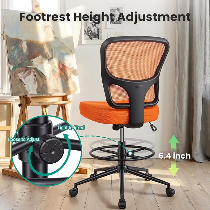 Armless Drafting Chair Tall Office Chair for Standing Desk - Adjustable Height Mesh Ergonomic Drafting Stool with Foot Ring &amp Wheels Rolling Counter Height Computer Chair for Home Office