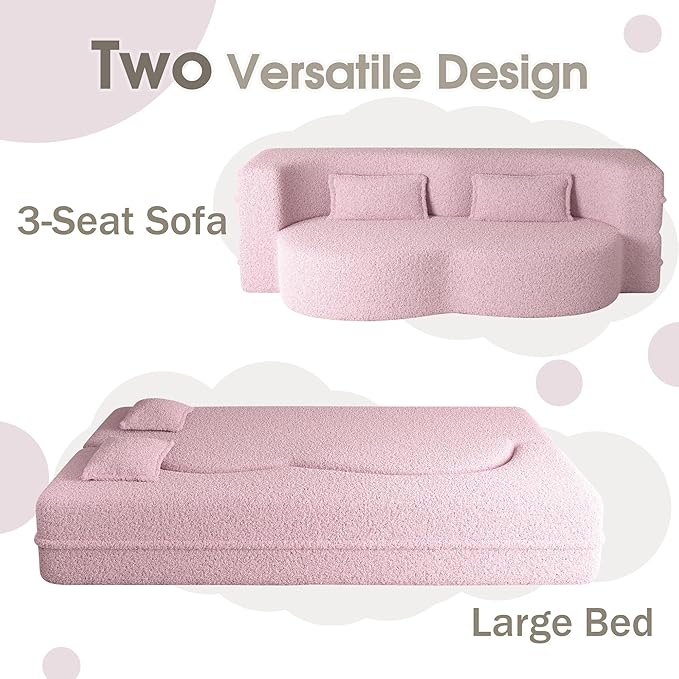 78 Convertible Sofa Bed 2-in-1 Folding Floor Couch with 2 Pillows Sleeper Sofa for Living Room and Bedroom No Assembly Required (Pink Teddy Fabric)