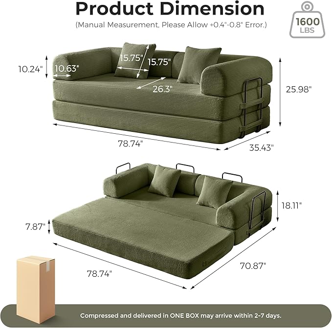 5-in-1 Convertible Sofa Bed | 79 Modular Sleeper with High-Resilience Foam &amp Fixed Frame No Assembly | Corduroy Fabric Ideal for Small Spaces Studio (Light Green)