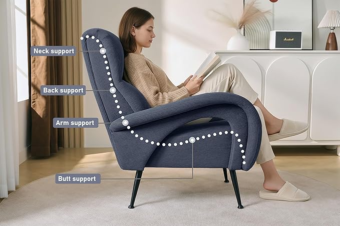 Corduroy Accent Chairs for Living Room Tufted High Back Reading Chairs for Bedroom Mid-Modern Comfy Upholstered Armchairs for Bedroom Reading Nook Apartment Navy Blue
