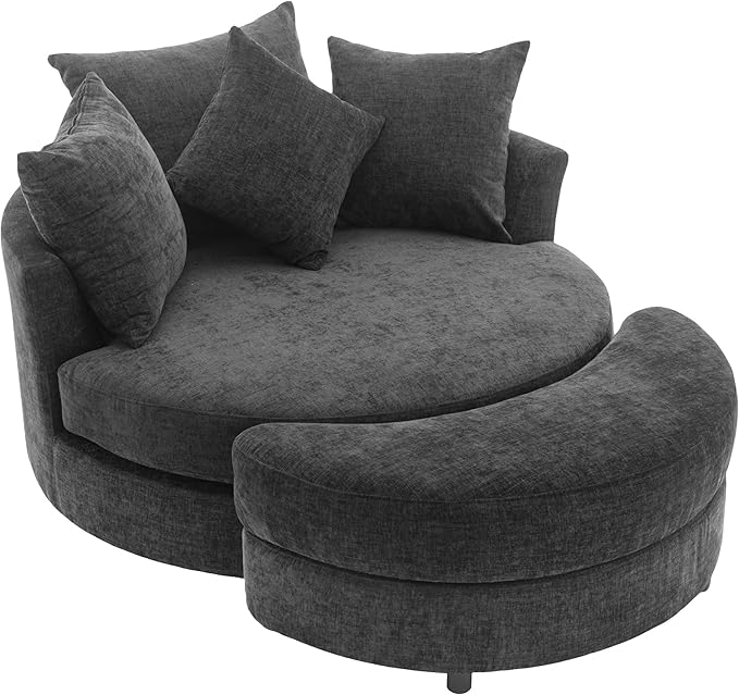 ERYE Oversized Round Accent Barrel Chair with Storage Ottoman and 360 Swivel Base Modern Chenille Upholstered Leisure Recliner Armchair for Living Room Bedroom